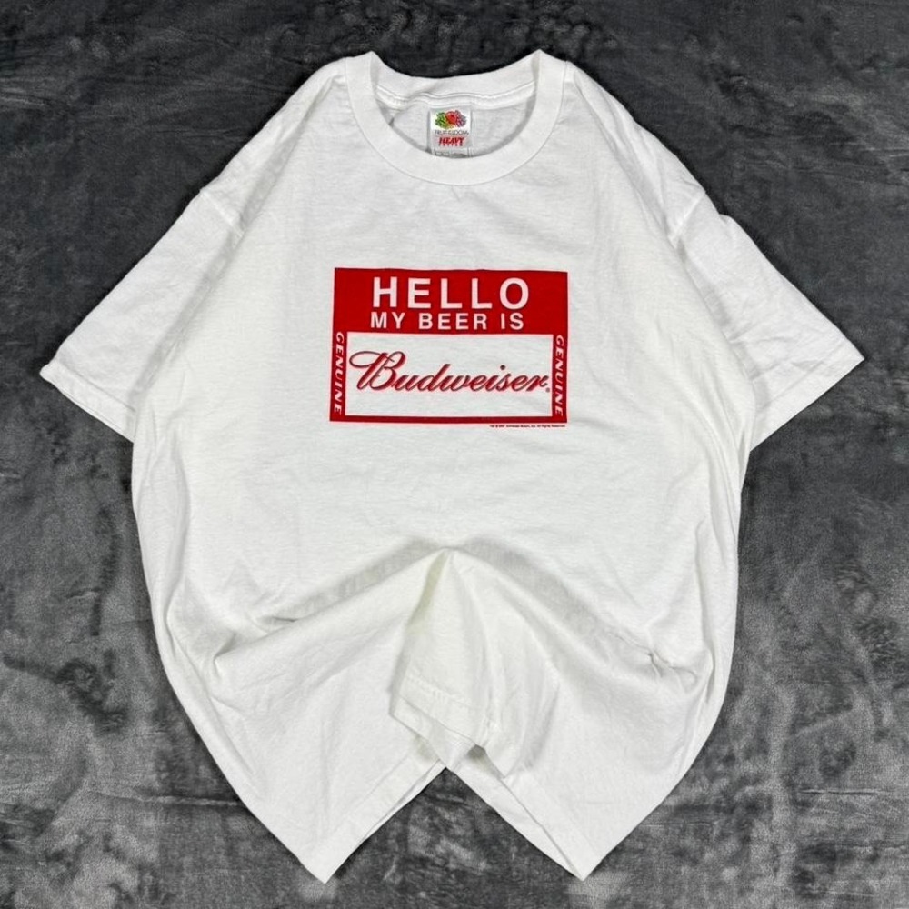 2007 Budweiser Name Tag White & Red Graphic T-Shirt - size large
